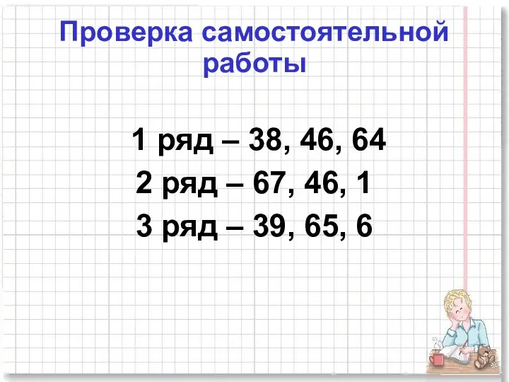 Проверка самостоятельной работы 1 ряд – 38, 46, 64 2 ряд –