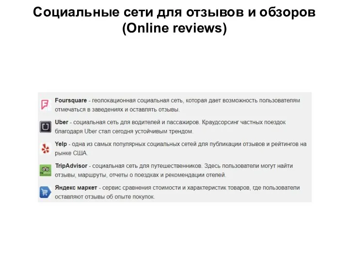 Социальные сети для отзывов и обзоров (Online reviews)