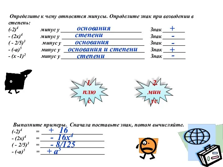 Определите к чему относятся минусы. Определите знак при возведении в степень: (-2)4