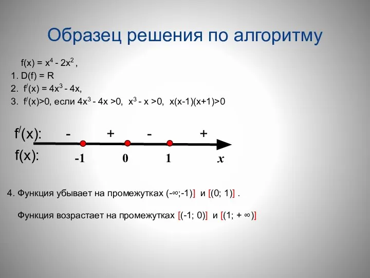 Образец решения по алгоритму f(х) = х4 - 2х2 , 1. D(f)