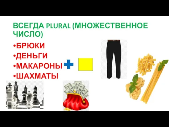 ВСЕГДА PLURAL (МНОЖЕСТВЕННОЕ ЧИСЛО) БРЮКИ ДЕНЬГИ МАКАРОНЫ ШАХМАТЫ