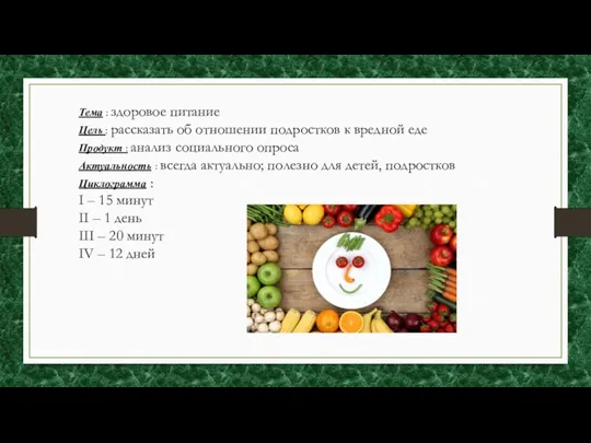 Тема : здоровое питание Цель : рассказать об отношении подростков к вредной