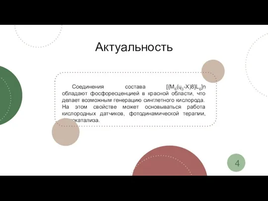 Актуальность Соединения состава [{M6(ų3-X)8}L6]n обладают фосфоресценцией в красной области, что делает возможным