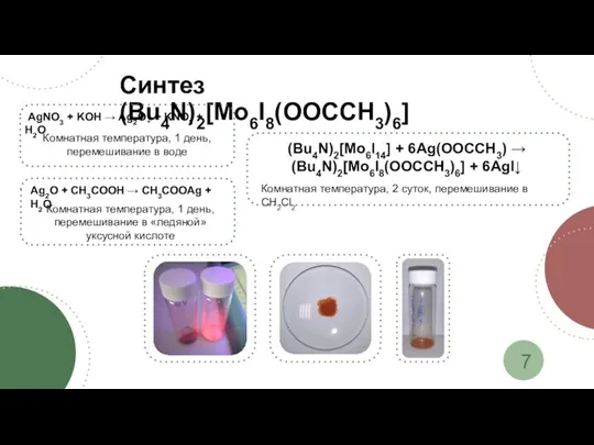 Синтез (Bu4N)2[Mo6I8(OOCCH3)6] AgNO3 + KOH → Ag2O↓ + KNO3 + H2O Ag2O