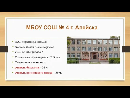 МБОУ СОШ № 4 г. Алейска И.О. директора школы: Носивец Юлия Александровна