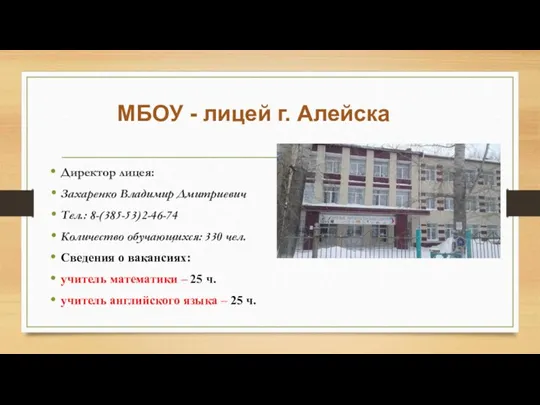 МБОУ - лицей г. Алейска Директор лицея: Захаренко Владимир Дмитриевич Тел.: 8-(385-53)2-46-74