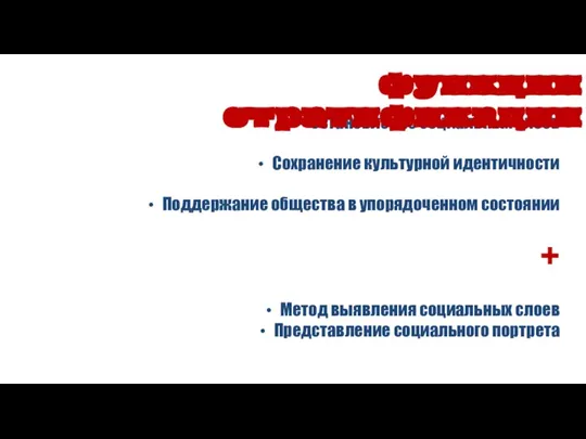 Установление социальных слоев Сохранение культурной идентичности Поддержание общества в упорядоченном состоянии +