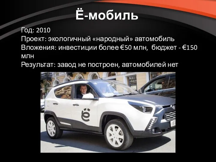 Ё-мобиль Год: 2010 Проект: экологичный «народный» автомобиль Вложения: инвестиции более €50 млн,