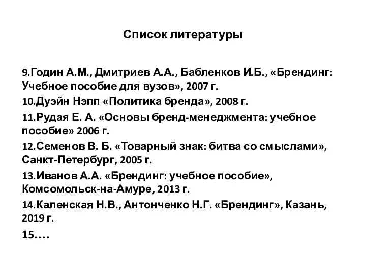 Список литературы 9.Годин А.М., Дмитриев А.А., Бабленков И.Б., «Брендинг: Учебное пособие для