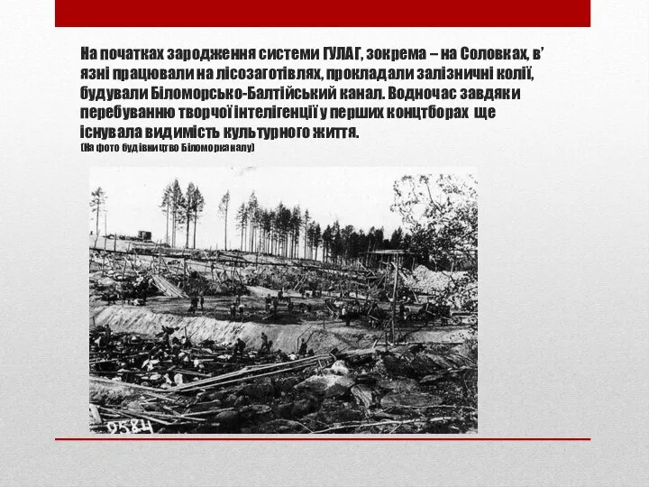 На початках зародження системи ГУЛАГ, зокрема – на Соловках, в’язні працювали на