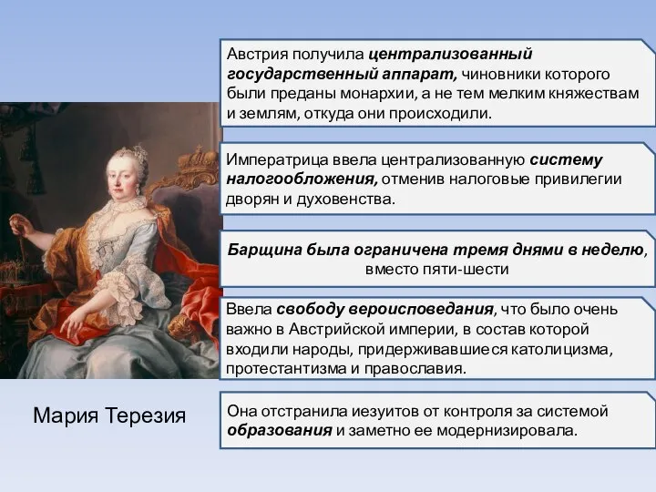 Императрица ввела централизованную систему налогообложения, отменив налоговые привилегии дворян и духовенства. Австрия