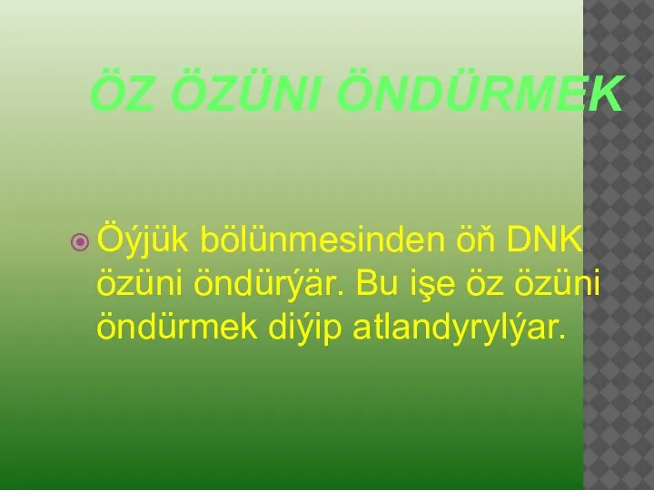 ÖZ ÖZÜNI ÖNDÜRMEK Öýjük bölünmesinden öň DNK özüni öndürýär. Bu işe öz özüni öndürmek diýip atlandyrylýar.