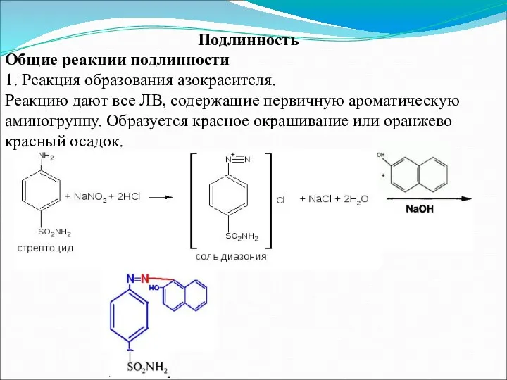 Подлинность Общие реакции подлинности 1. Реакция образования азокрасителя. Реакцию дают все ЛВ,