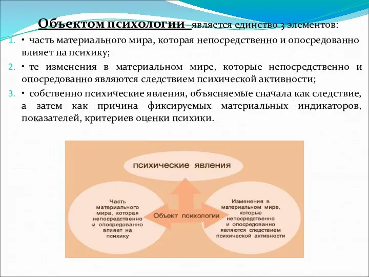 Объектом психологии является единство 3 элементов: • часть материального мира, которая непосредственно