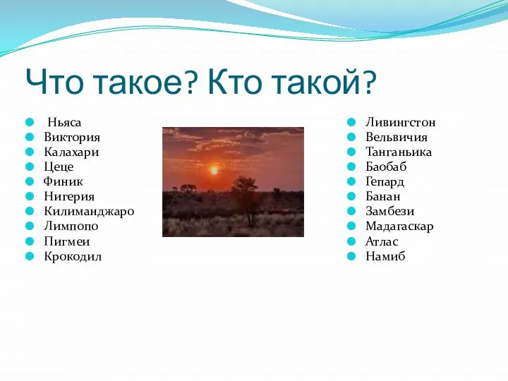 Что такое? Кто такой? Ньяса Виктория Калахари Цеце Финик Нигерия Килиманджаро Лимпопо