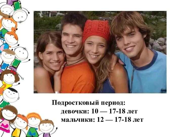 Подростковый период: девочки: 10 — 17-18 лет мальчики: 12 — 17-18 лет