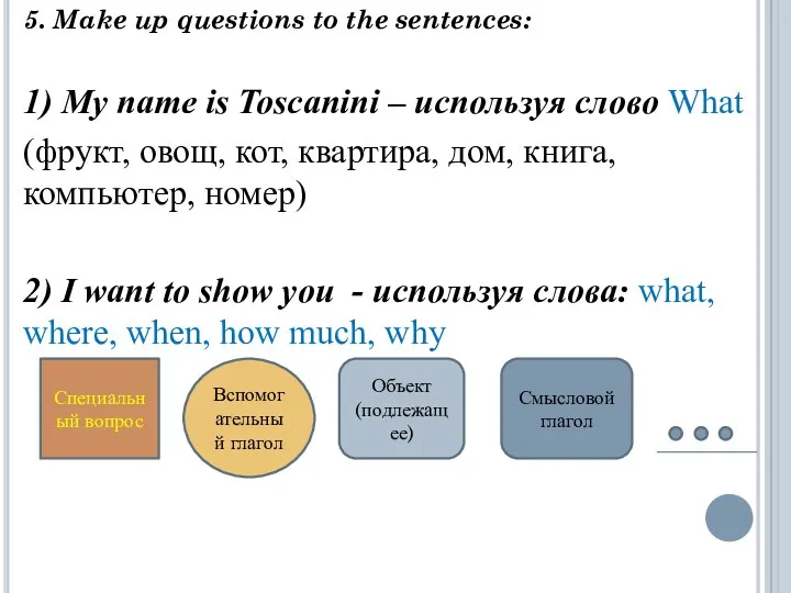 5. Make up questions to the sentences: 1) My name is Toscanini