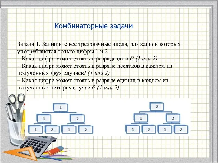 Комбинаторные задачи Задача 1. Запишите все трехзначные числа, для записи которых употребляются