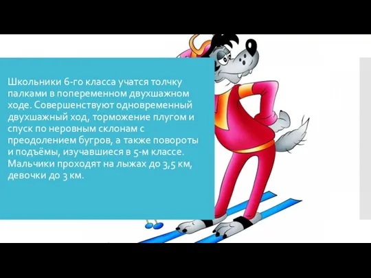 Школьники 6-го класса учатся толчку палками в попеременном двухшажном ходе. Совершенствуют одновременный