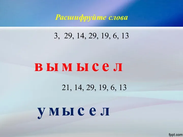 Расшифруйте слова 21, 14, 29, 19, 6, 13 3, 29, 14, 29,