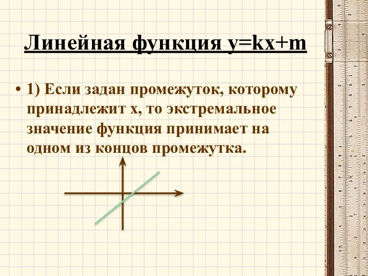 Линейная функция y=kx+m 1) Если задан промежуток, которому принадлежит х, то экстремальное