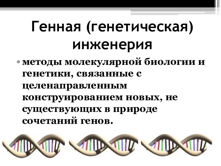 Генная (генетическая) инженерия методы молекулярной биологии и генетики, связанные с целенаправленным конструированием