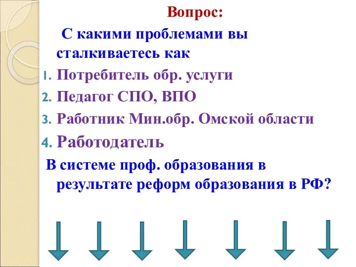 Вопрос: С какими проблемами вы сталкиваетесь как Потребитель обр. услуги Педагог СПО,