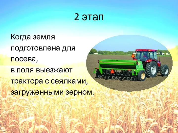 2 этап Когда земля подготовлена для посева, в поля выезжают трактора с сеялками, загруженными зерном.