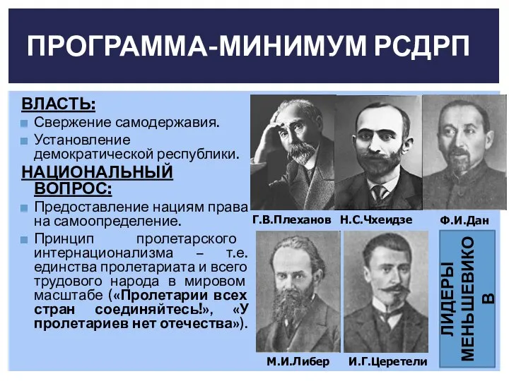 ВЛАСТЬ: Свержение самодержавия. Установление демократической республики. НАЦИОНАЛЬНЫЙ ВОПРОС: Предоставление нациям права на