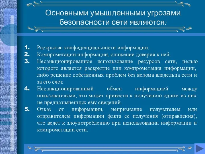 Основными умышленными угрозами безопасности сети являются: Раскрытие конфиденциальности информации. Компрометации информации, снижение