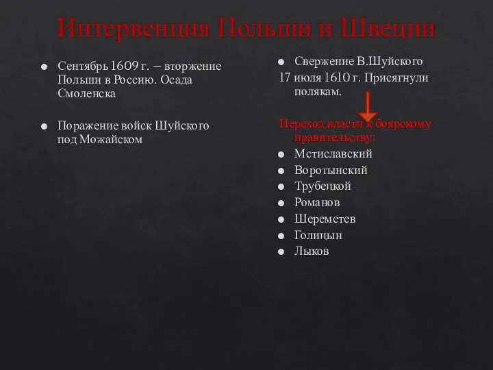 Интервенция Польши и Швеции Сентябрь 1609 г. – вторжение Польши в Россию.