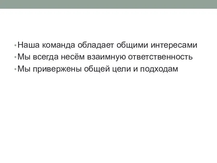 Наша команда обладает общими интересами Мы всегда несём взаимную ответственность Мы привержены общей цели и подходам