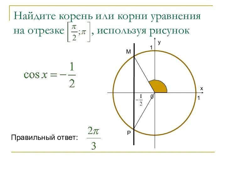 Найдите корень или корни уравнения на отрезке , используя рисунок Р М Правильный ответ: