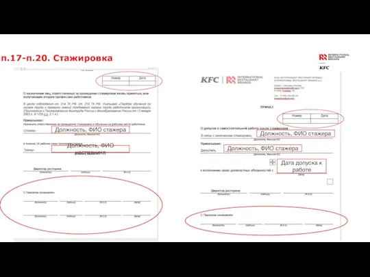 п.17-п.20. Стажировка Дата допуска к работе Должность, ФИО стажера Должность, ФИО стажера