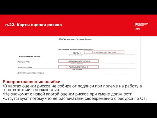 п.22. Карты оценки рисков Название ресторана Название ресторана Адрес ресторана Распространенные ошибки