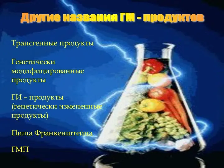 Другие названия ГМ - продуктов Генетически модифицированные продукты Трансгенные продукты ГИ –