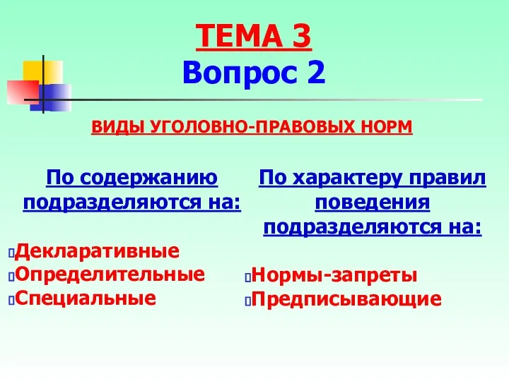 ВИДЫ УГОЛОВНО-ПРАВОВЫХ НОРМ По содержанию подразделяются на: Декларативные Определительные Специальные По характеру