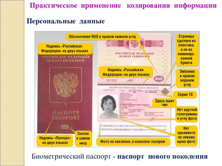 Практическое применение кодирования информации Персональные данные Биометрический паспорт - паспорт нового поколения