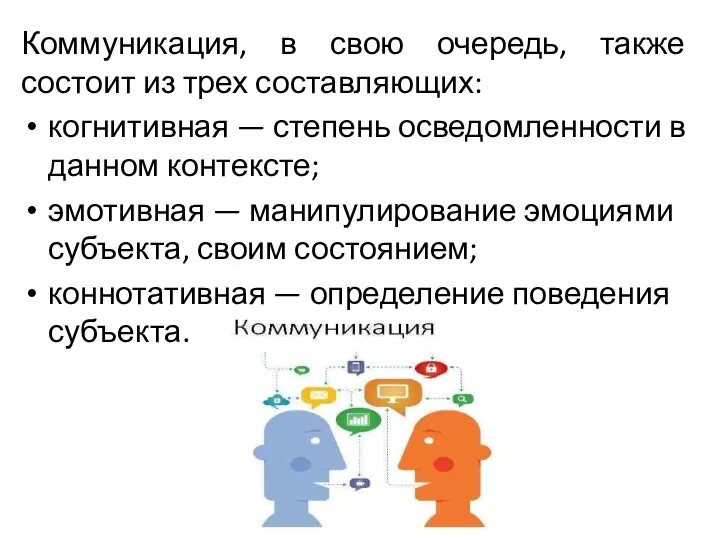 Коммуникация, в свою очередь, также состоит из трех составляющих: когнитивная — степень