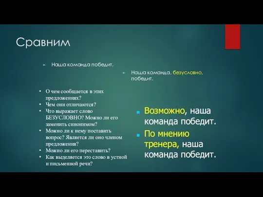 Сравним Наша команда победит. Наша команда, безусловно, победит. О чем сообщается в