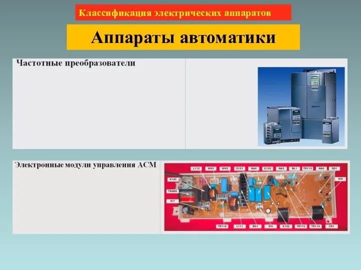 Классификация электрических аппаратов Аппараты автоматики