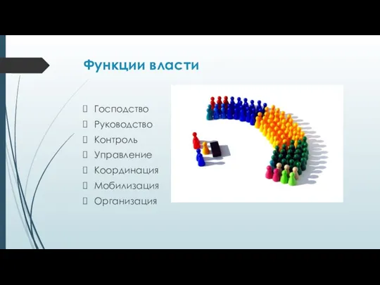 Функции власти Господство Руководство Контроль Управление Координация Мобилизация Организация