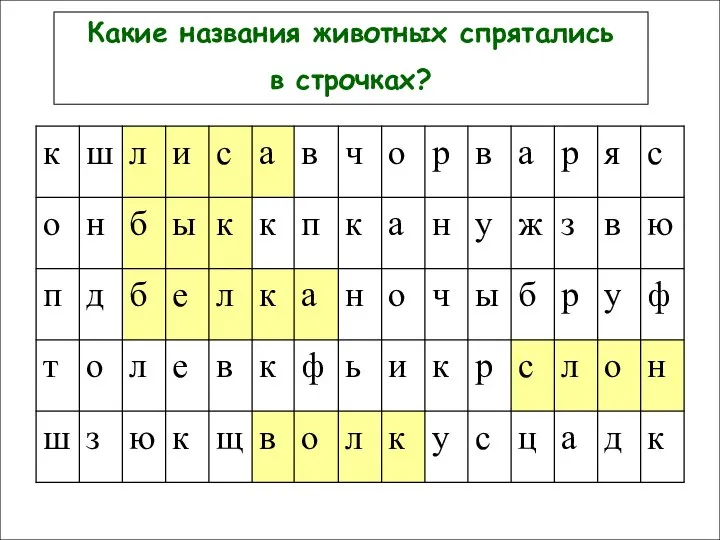 к Какие названия животных спрятались в строчках?