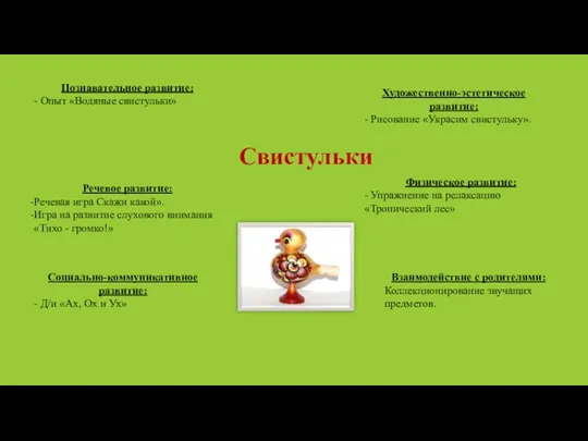 Познавательное развитие: - Опыт «Водяные свистульки» Речевое развитие: Речевая игра Скажи какой».