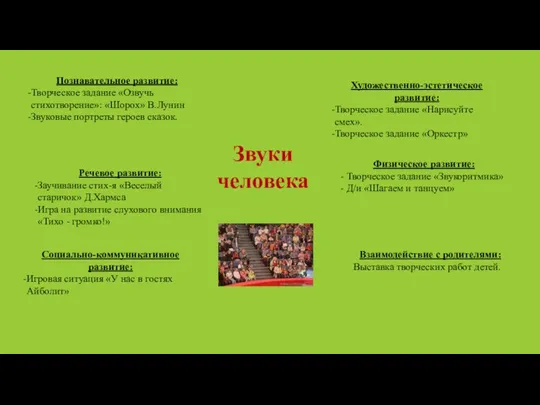 Познавательное развитие: Творческое задание «Озвучь стихотворение»: «Шорох» В.Лунин Звуковые портреты героев сказок.