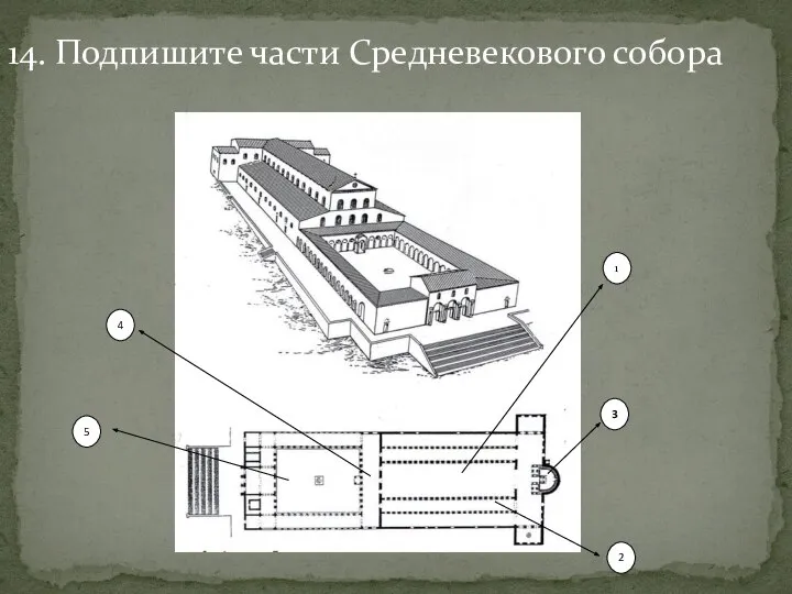 14. Подпишите части Средневекового собора 4 5 1 3 2