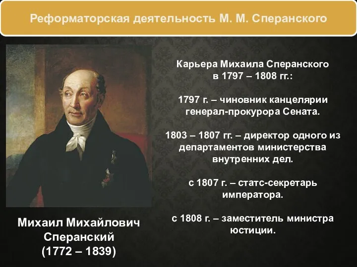 Реформаторская деятельность М. М. Сперанского Михаил Михайлович Сперанский (1772 – 1839) Карьера