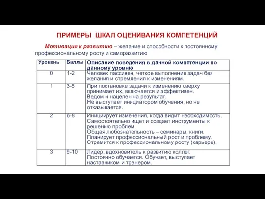 ПРИМЕРЫ ШКАЛ ОЦЕНИВАНИЯ КОМПЕТЕНЦИЙ Мотивация к развитию – желание и способности к