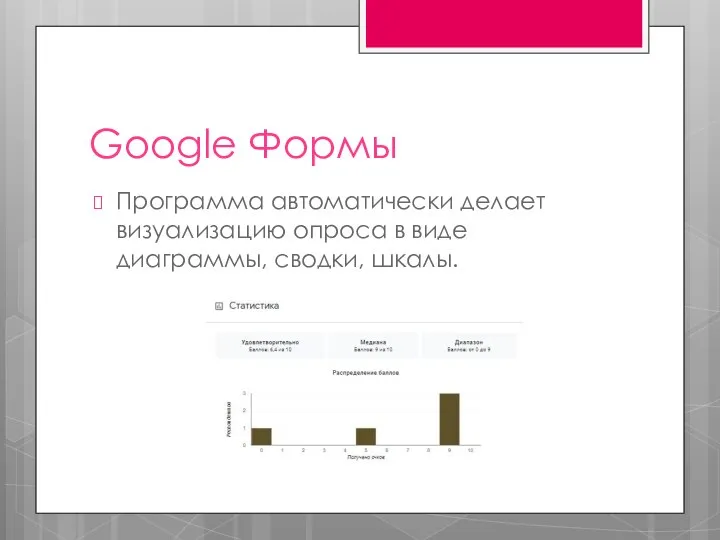 Google Формы Программа автоматически делает визуализацию опроса в виде диаграммы, сводки, шкалы.