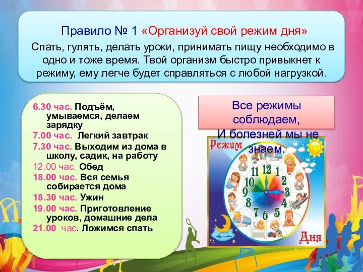 Правило № 1 «Организуй свой режим дня» Спать, гулять, делать уроки, принимать